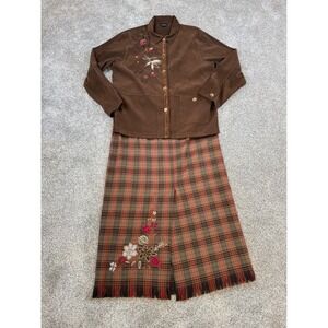 Vintage T & Company Brown Corduroy Floral Jacket and Fringe Maxi Skirt Set Large